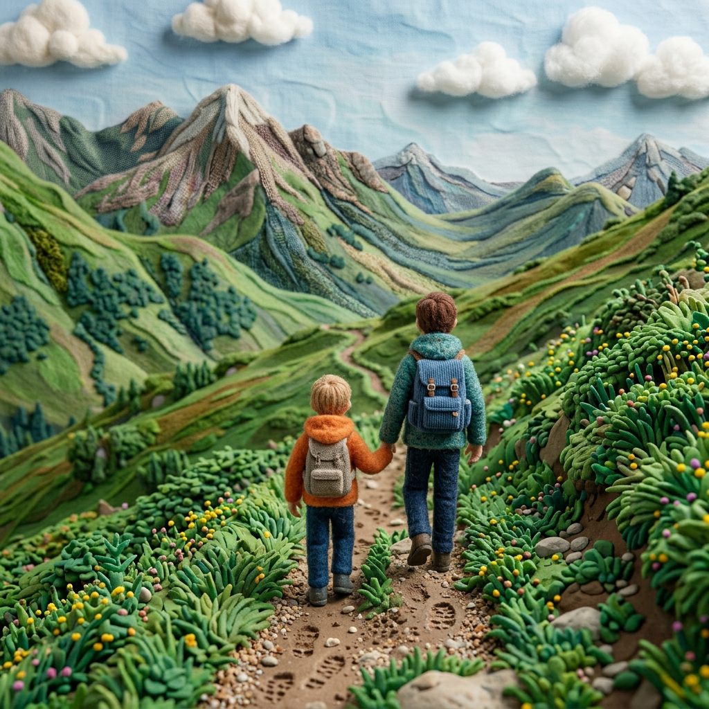 Two children holding hands hiking on a narrow mountain trail with green hills and cloudy sky