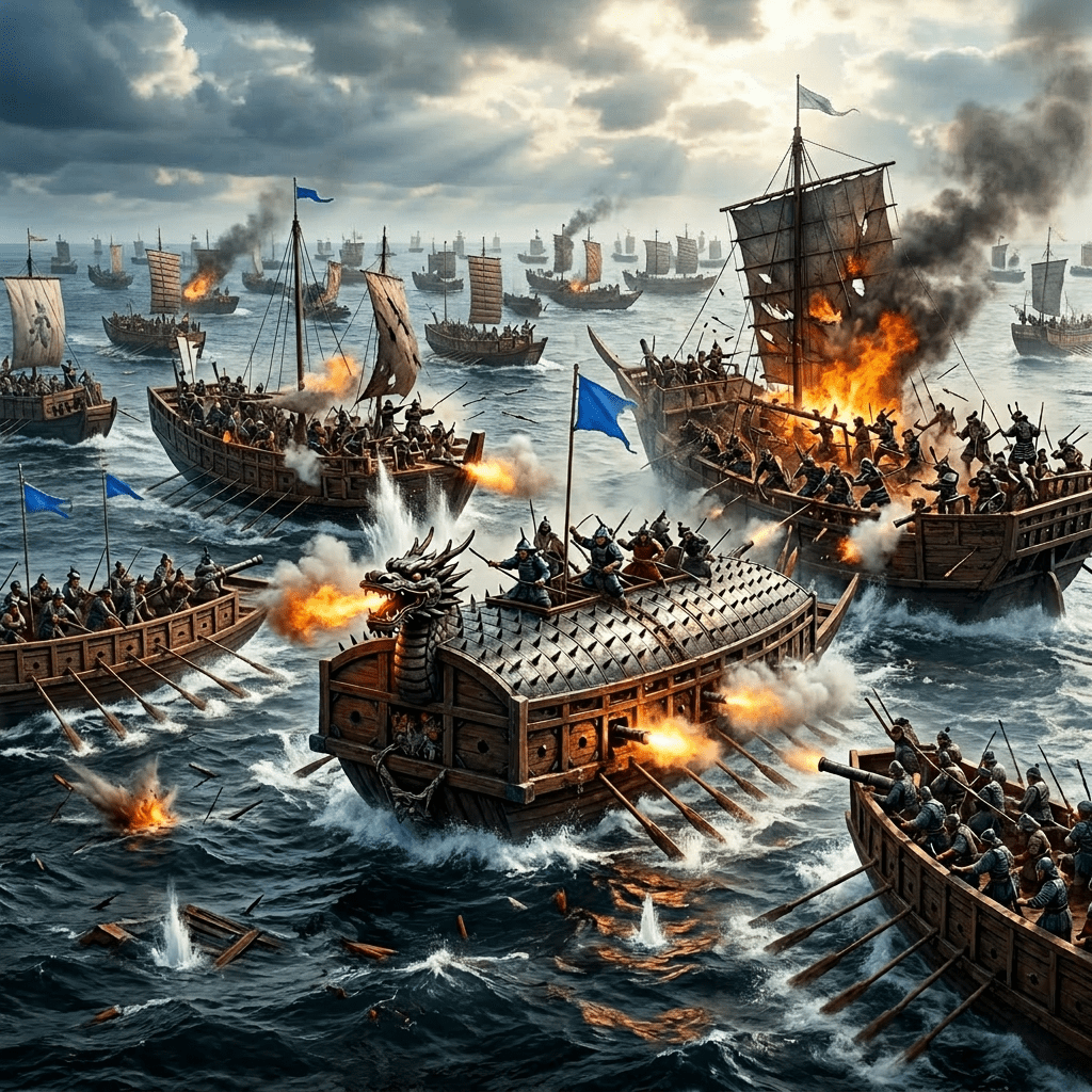 Ancient naval battle with wooden warships, including a dragon-shaped ship firing cannons amid combat and explosions at sea