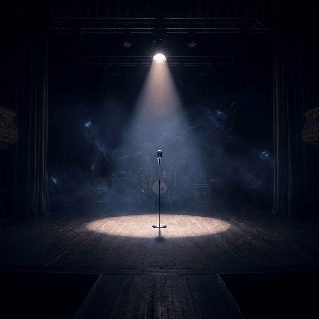 Spotlight shining on a drum set on a dark empty stage with musical equipment in the background