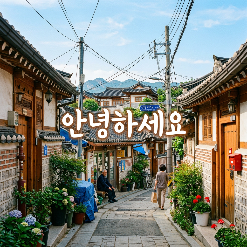 Narrow street lined with hanok houses, plants, and people walking and sitting